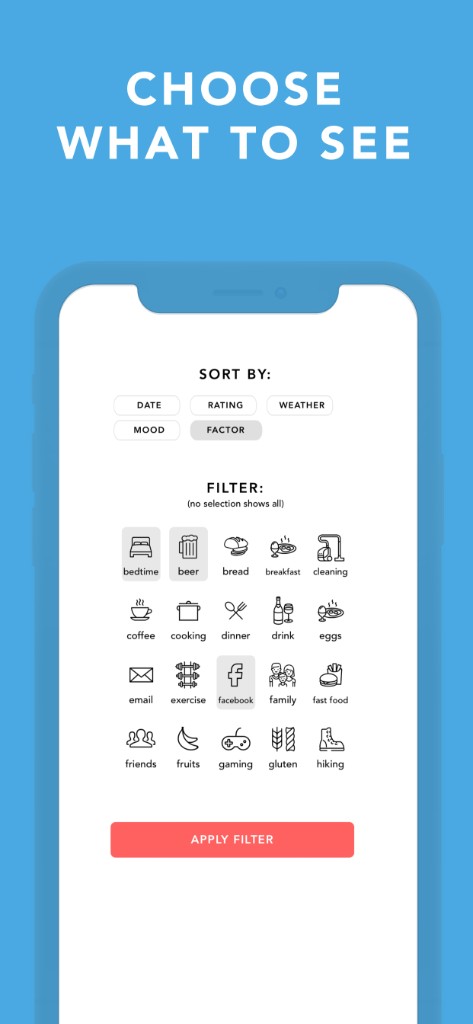 Moody screenshot: sort and filter