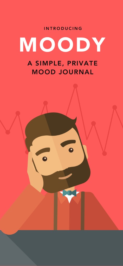 Moody app illustration: a thoughtful character with a mood graph in the background
