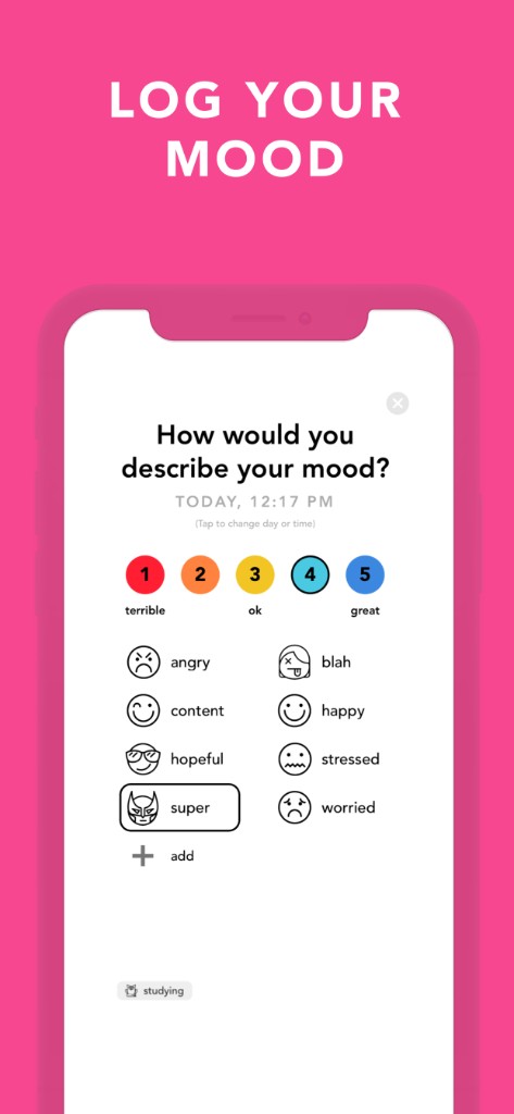 Moody screenshot: mood scale and mood tags